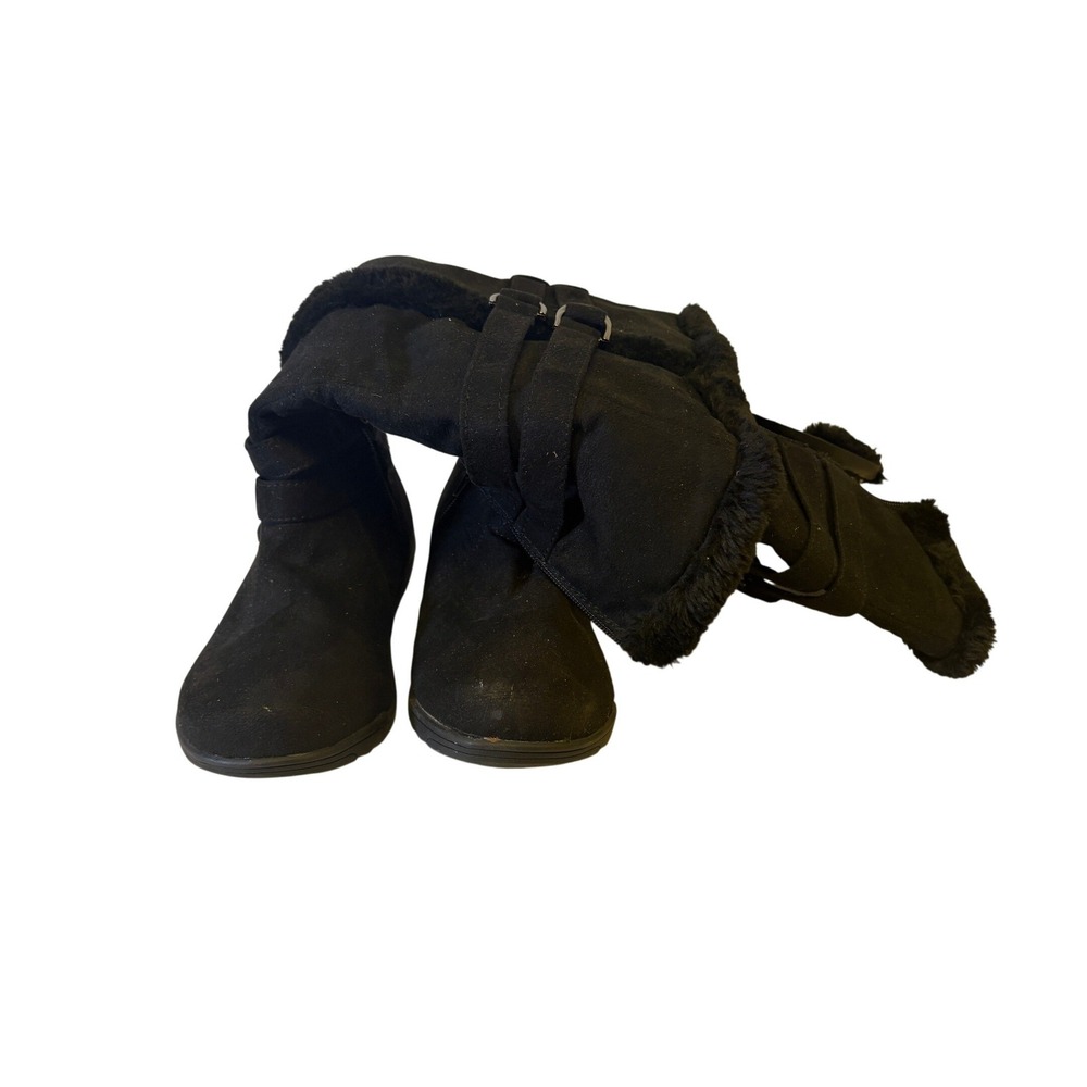 Shoe Dept Buffy Black Faux Suede Fur Trim Mid‎ Calf Buckle Boots Womens 8.5M